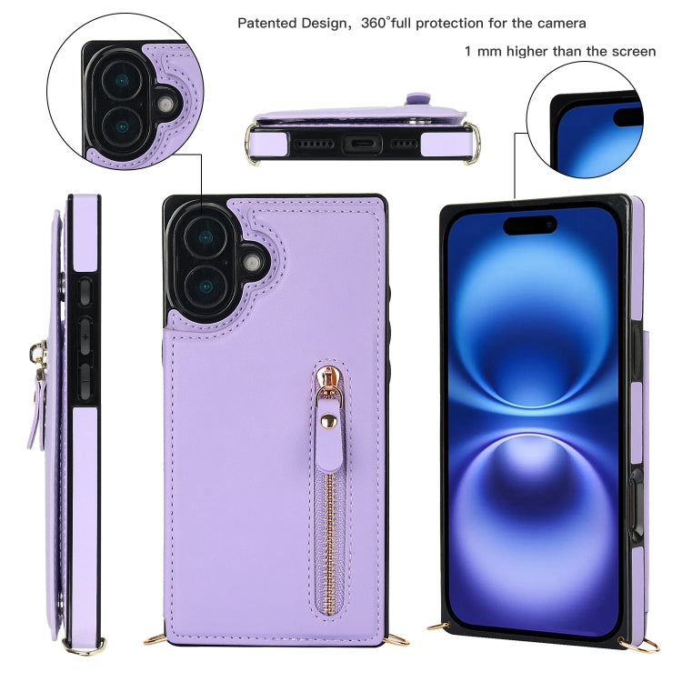 For iPhone 16 Plus Cross-body Zipper Square Phone Case(Purple) by buy2fix
