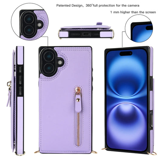 For iPhone 16 Plus Cross-body Zipper Square Phone Case(Purple) by buy2fix