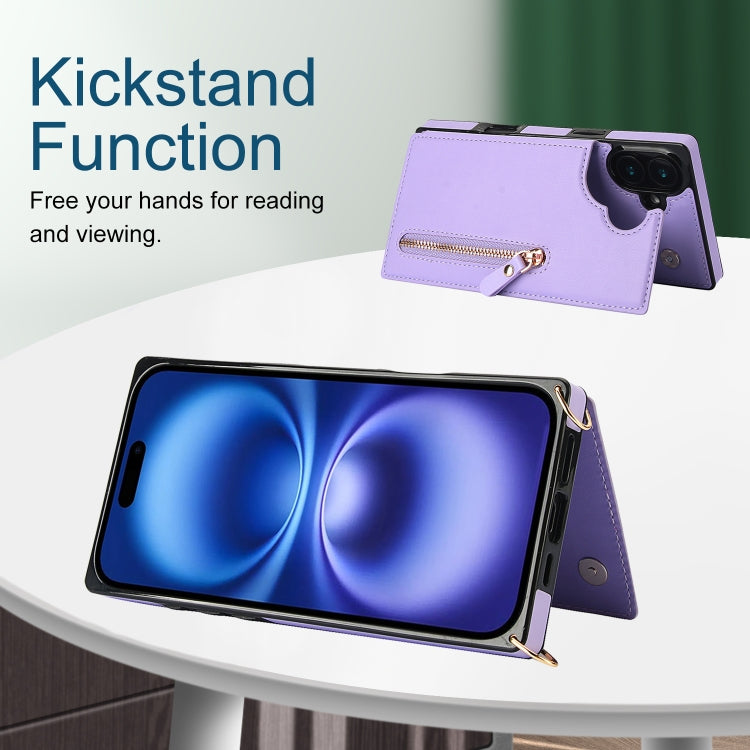 For iPhone 16 Plus Cross-body Zipper Square Phone Case(Purple) by buy2fix