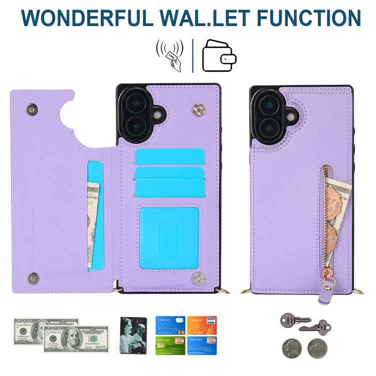 For iPhone 16 Plus Cross-body Zipper Square Phone Case(Purple) by buy2fix