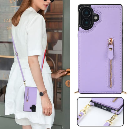 For iPhone 16 Plus Cross-body Zipper Square Phone Case(Purple) by buy2fix
