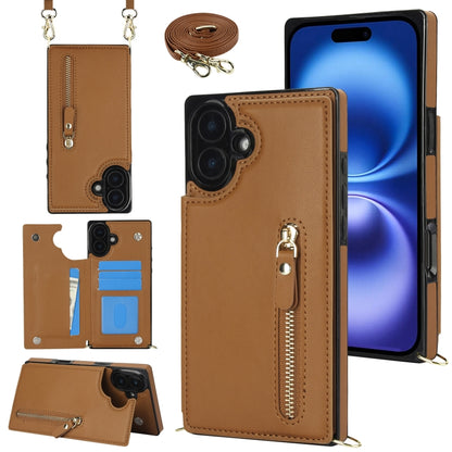 For iPhone 16 Plus Cross-body Zipper Square Phone Case(Brown) by buy2fix