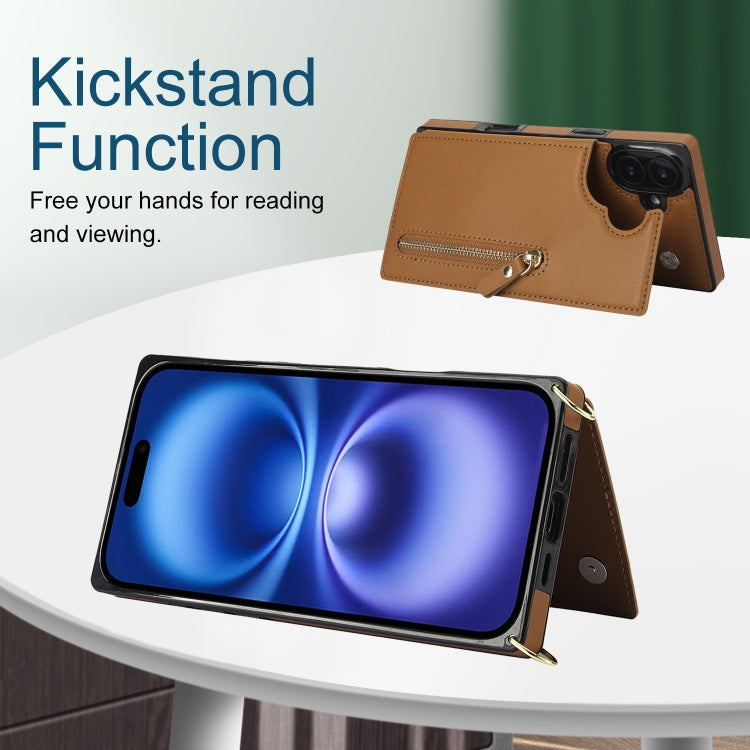 For iPhone 16 Plus Cross-body Zipper Square Phone Case(Brown) by buy2fix