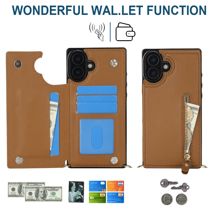 For iPhone 16 Plus Cross-body Zipper Square Phone Case(Brown) by buy2fix