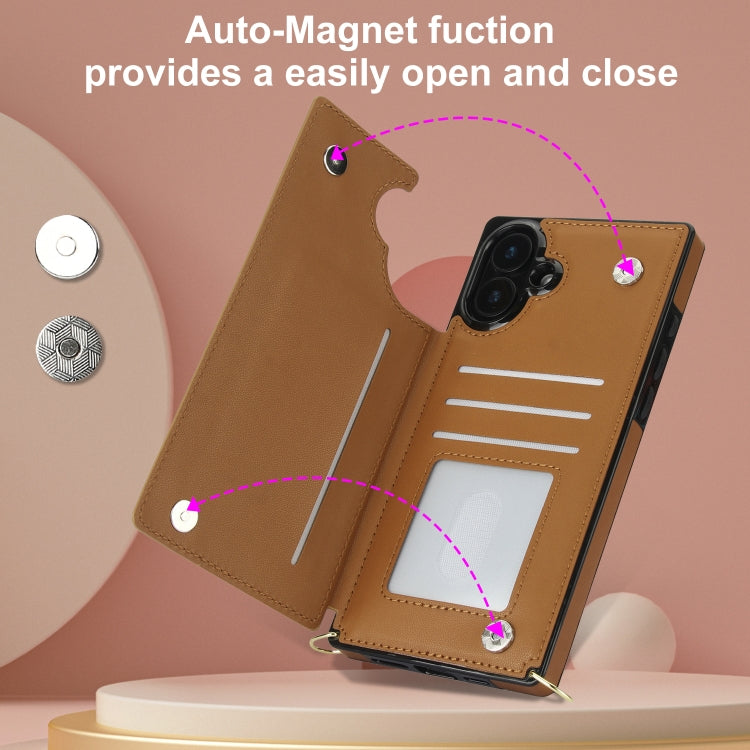 For iPhone 16 Plus Cross-body Zipper Square Phone Case(Brown) by buy2fix