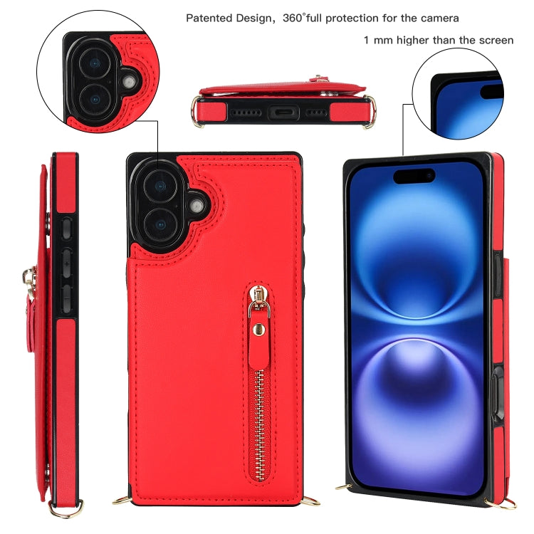 For iPhone 16 Plus Cross-body Zipper Square Phone Case(Red) by buy2fix