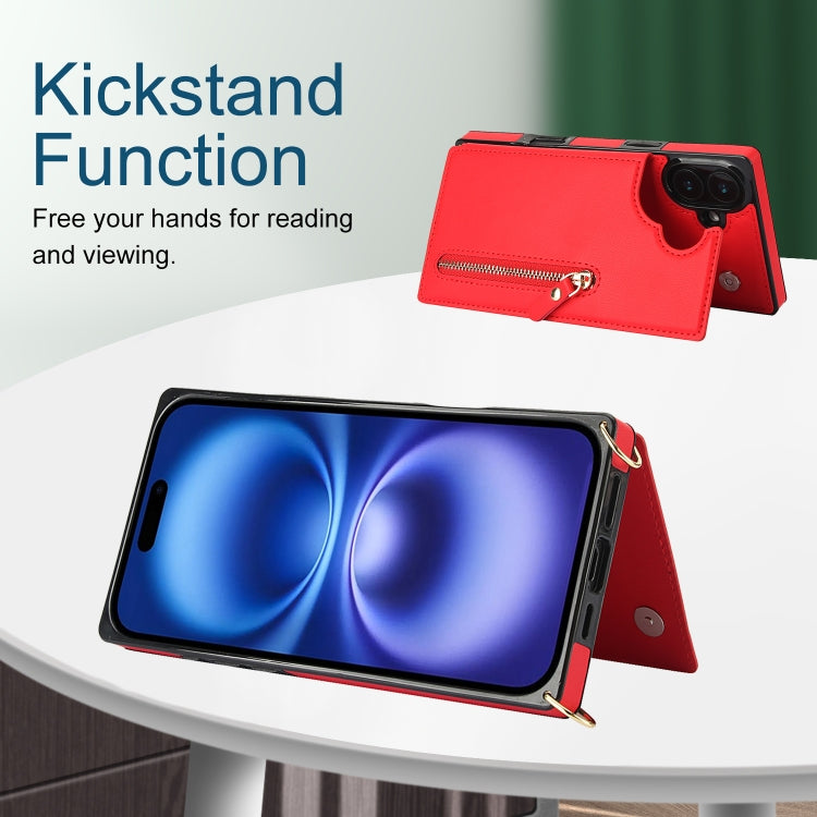 For iPhone 16 Plus Cross-body Zipper Square Phone Case(Red) by buy2fix