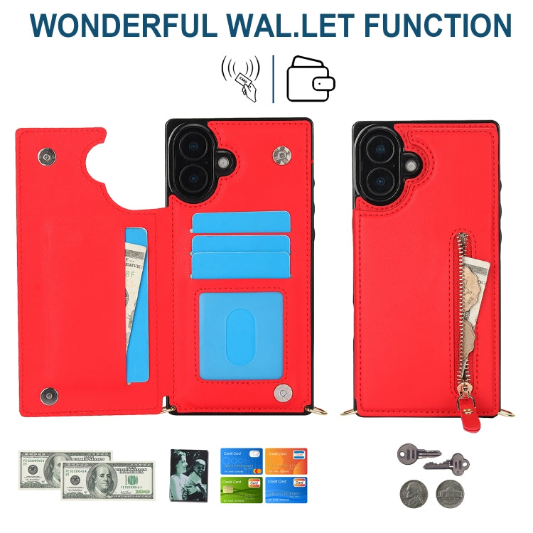 For iPhone 16 Plus Cross-body Zipper Square Phone Case(Red) by buy2fix
