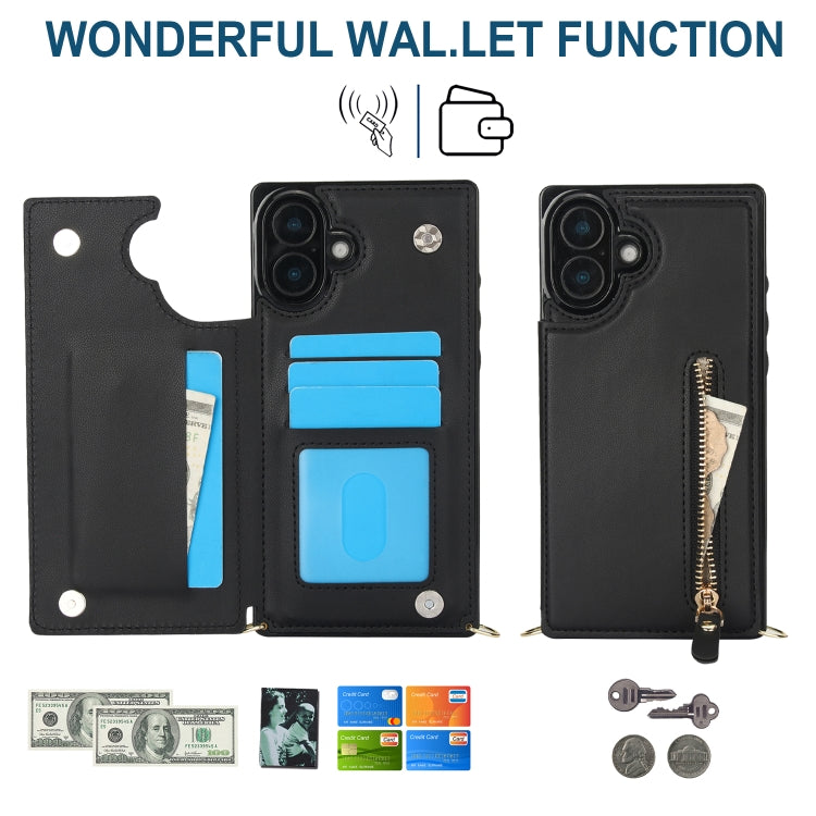 For iPhone 16 Plus Cross-body Zipper Square Phone Case(Black) by buy2fix