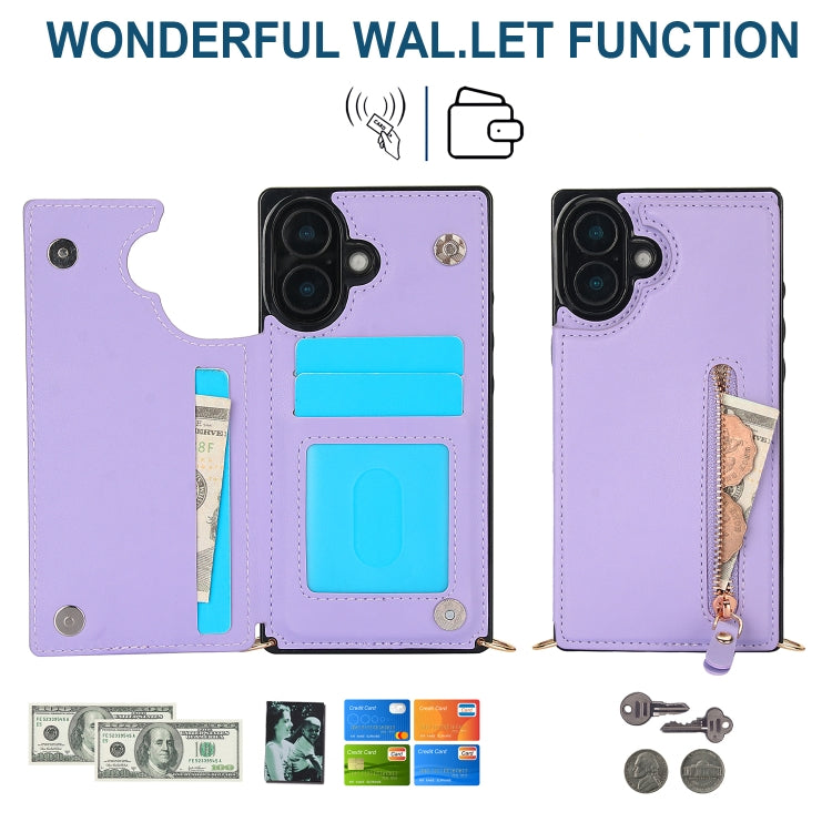 For iPhone 16 Cross-body Zipper Square Phone Case(Purple) - iPhone 16 Cases by buy2fix | Online Shopping UK | buy2fix