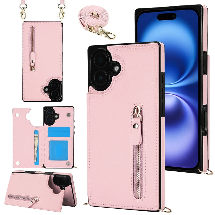 For iPhone 16 Cross-body Zipper Square Phone Case(Pink) - iPhone 16 Cases by buy2fix | Online Shopping UK | buy2fix