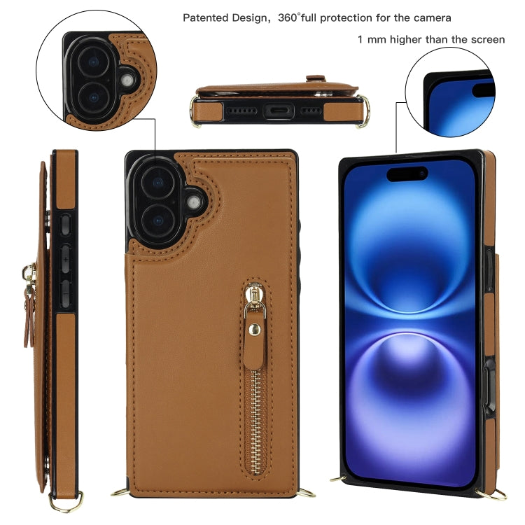 For iPhone 16 Cross-body Zipper Square Phone Case(Brown) - iPhone 16 Cases by buy2fix | Online Shopping UK | buy2fix