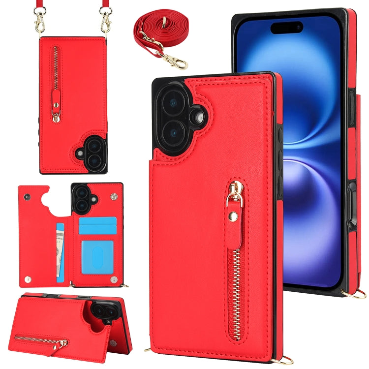 For iPhone 16 Cross-body Zipper Square Phone Case(Red) by buy2fix
