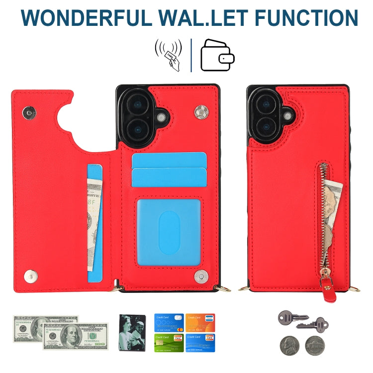 For iPhone 16 Cross-body Zipper Square Phone Case(Red) by buy2fix