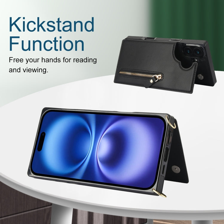 For iPhone 16 Cross-body Zipper Square Phone Case(Black) by buy2fix