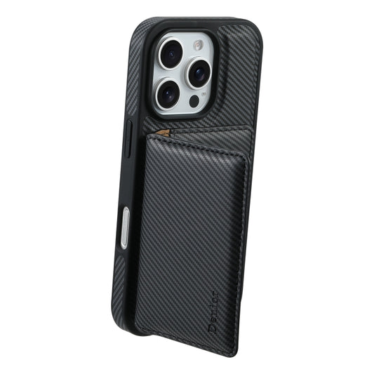 For iPhone 16 Pro Max Denior Carbon Fiber Texture Leather Card Bag MagSafe Phone Case(Black) by Denior