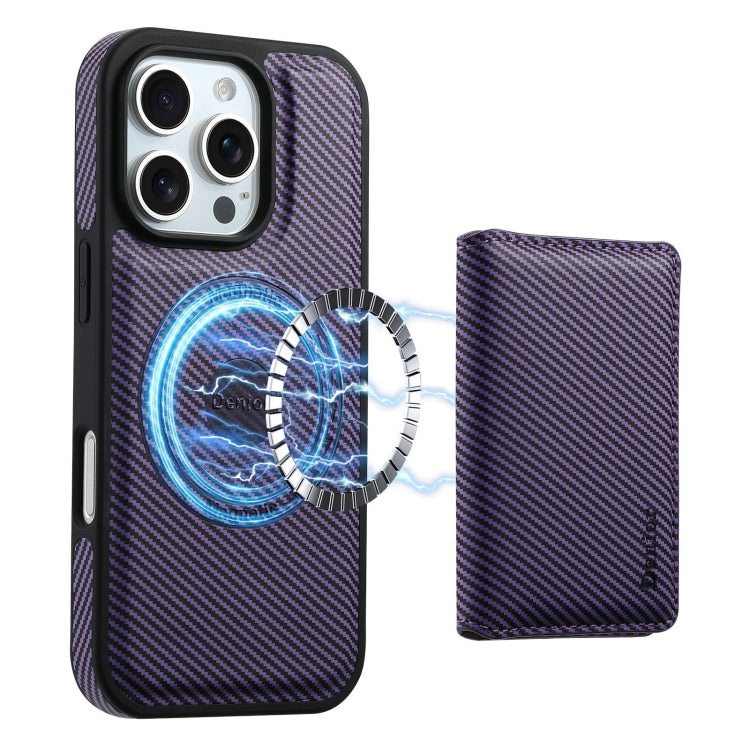 For iPhone 16 Pro Denior Carbon Fiber Texture Leather Card Bag MagSafe Phone Case(Purple) - iPhone 16 Pro Cases by Denior | Online Shopping UK | buy2fix