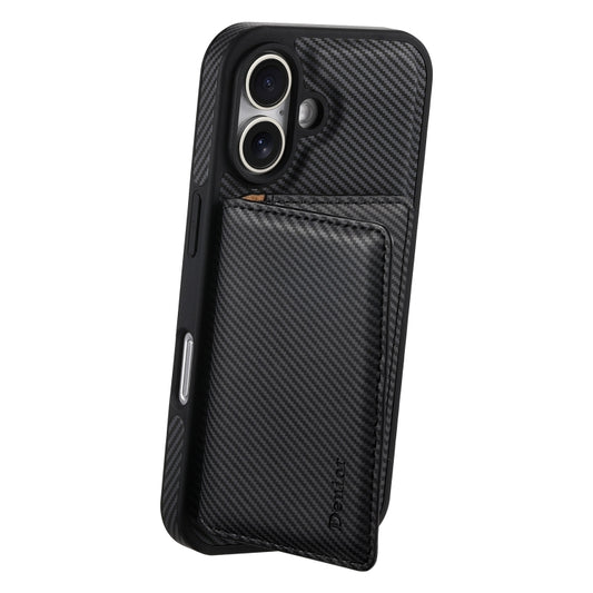 For iPhone 16 Plus Denior Carbon Fiber Texture Leather Card Bag MagSafe Phone Case(Black) by Denior