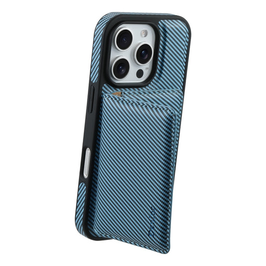 For iPhone 16 Plus Denior Carbon Fiber Texture Leather Card Bag MagSafe Phone Case(Blue) by Denior