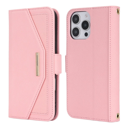 For iPhone 16 Pro Max Cross Texture Crossbody Lanyard Leather Phone Case(Pink) by buy2fix