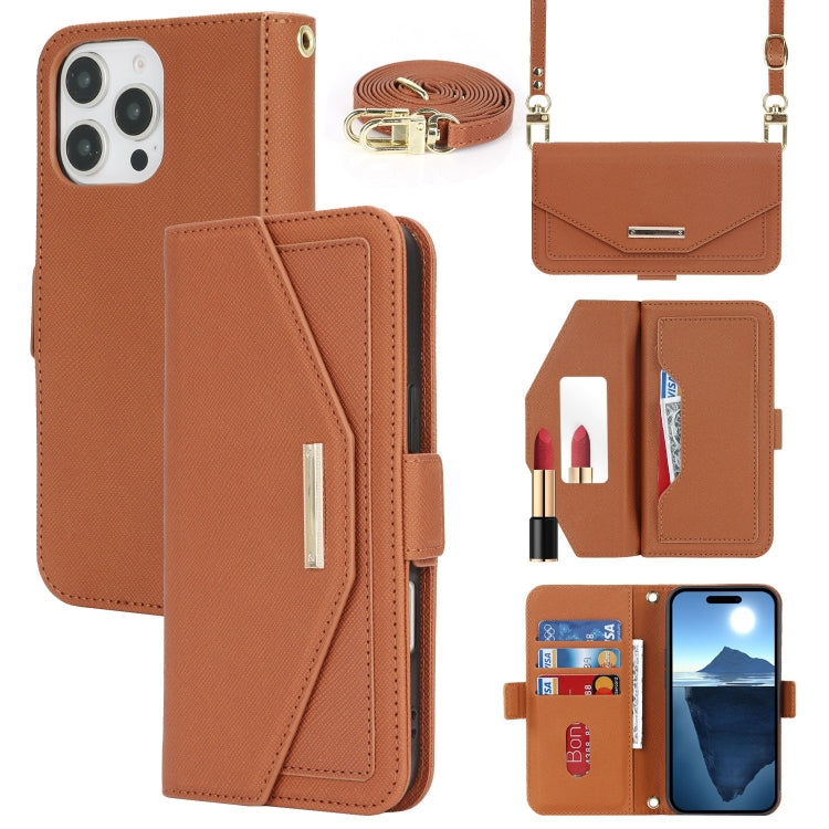 For iPhone 16 Pro Cross Texture Crossbody Lanyard Leather Phone Case(Brown) - iPhone 16 Pro Cases by buy2fix | Online Shopping UK | buy2fix