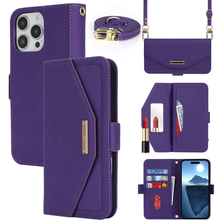 For iPhone 16 Pro Cross Texture Crossbody Lanyard Leather Phone Case(Purple) - iPhone 16 Pro Cases by buy2fix | Online Shopping UK | buy2fix