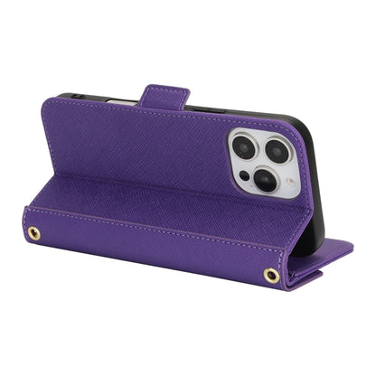 For iPhone 16 Pro Cross Texture Crossbody Lanyard Leather Phone Case(Purple) - iPhone 16 Pro Cases by buy2fix | Online Shopping UK | buy2fix