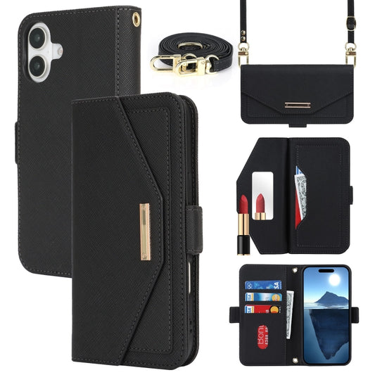 For iPhone 16 Plus Cross Texture Crossbody Lanyard Leather Phone Case(Black) - iPhone 16 Plus Cases by buy2fix | Online Shopping UK | buy2fix