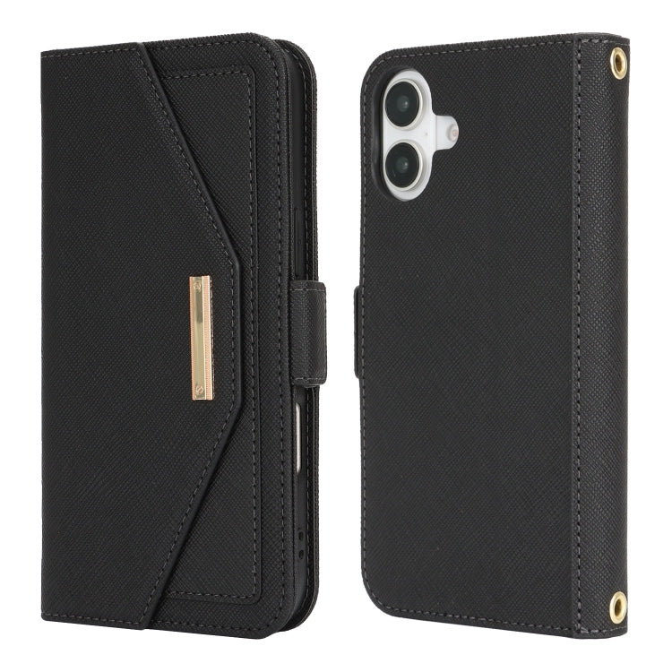 For iPhone 16 Cross Texture Crossbody Lanyard Leather Phone Case(Black) by buy2fix