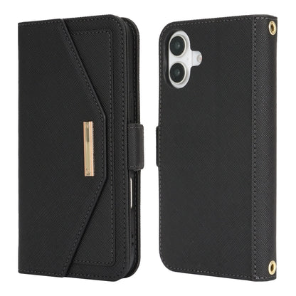 For iPhone 16 Cross Texture Crossbody Lanyard Leather Phone Case(Black) by buy2fix