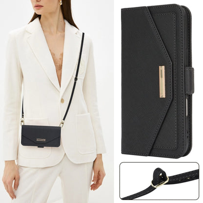 For iPhone 16 Cross Texture Crossbody Lanyard Leather Phone Case(Black) by buy2fix