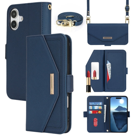 For iPhone 16 Cross Texture Crossbody Lanyard Leather Phone Case(Blue) - iPhone 16 Cases by buy2fix | Online Shopping UK | buy2fix