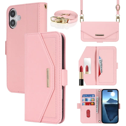For iPhone 16 Cross Texture Crossbody Lanyard Leather Phone Case(Pink) by buy2fix