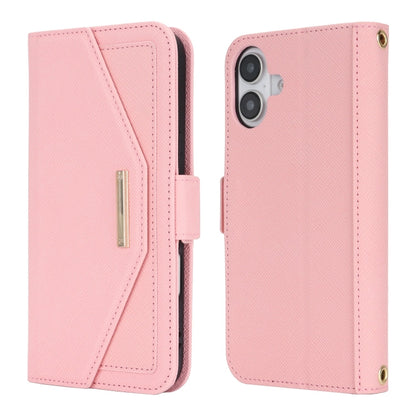 For iPhone 16 Cross Texture Crossbody Lanyard Leather Phone Case(Pink) by buy2fix