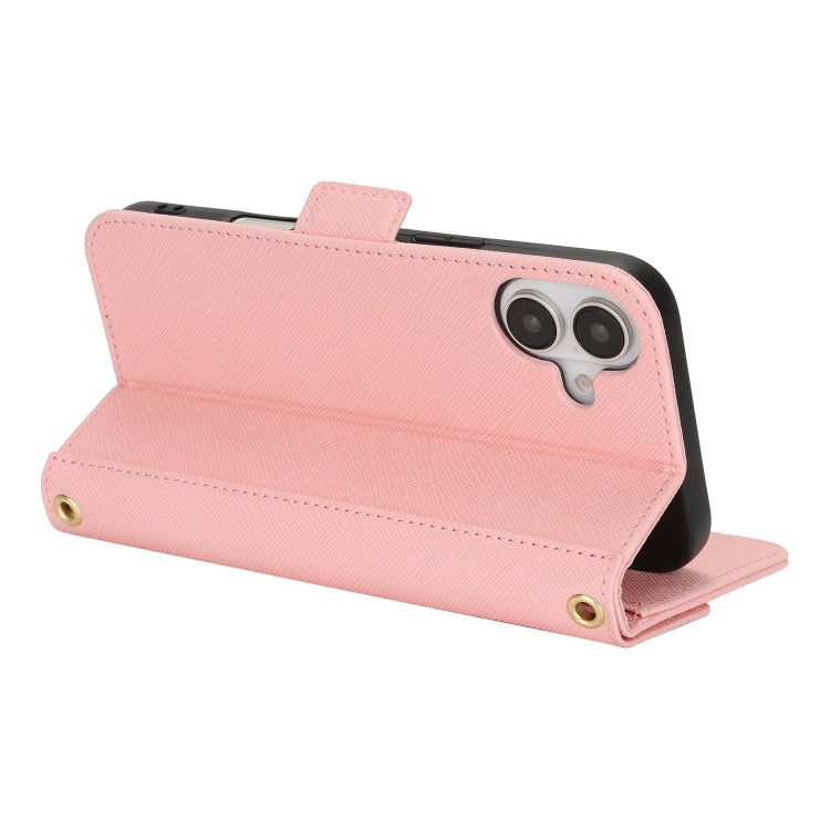 For iPhone 16 Cross Texture Crossbody Lanyard Leather Phone Case(Pink) by buy2fix