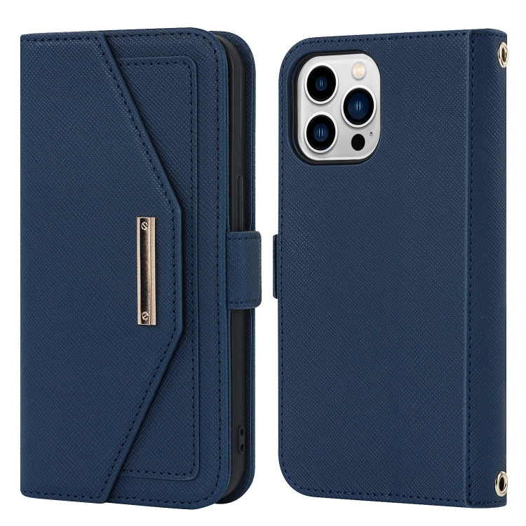 For iPhone 15 Pro Max Cross Texture Crossbody Lanyard Leather Phone Case(Blue) - iPhone 15 Pro Max Cases by buy2fix | Online Shopping UK | buy2fix