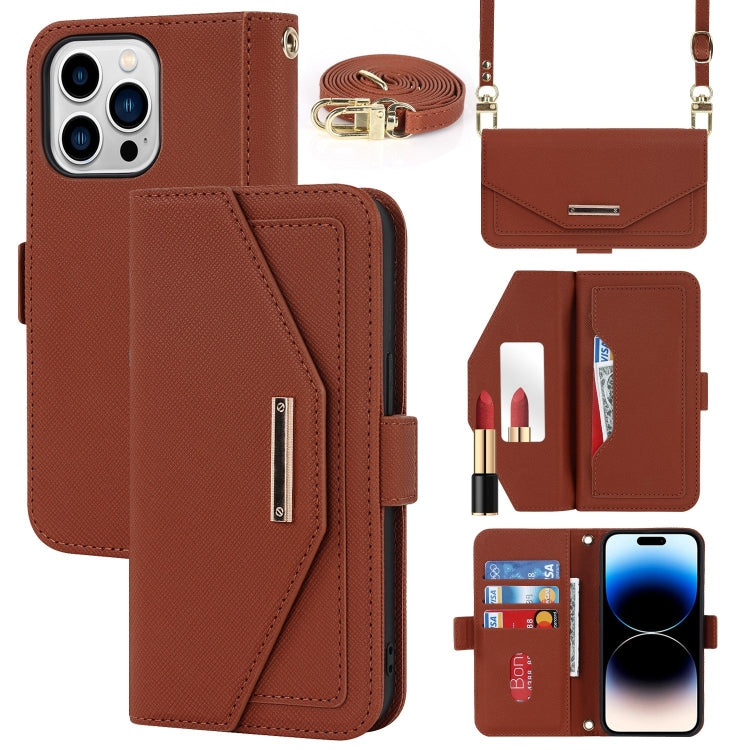 For iPhone 15 Pro Max Cross Texture Crossbody Lanyard Leather Phone Case(Brown) - iPhone 15 Pro Max Cases by buy2fix | Online Shopping UK | buy2fix