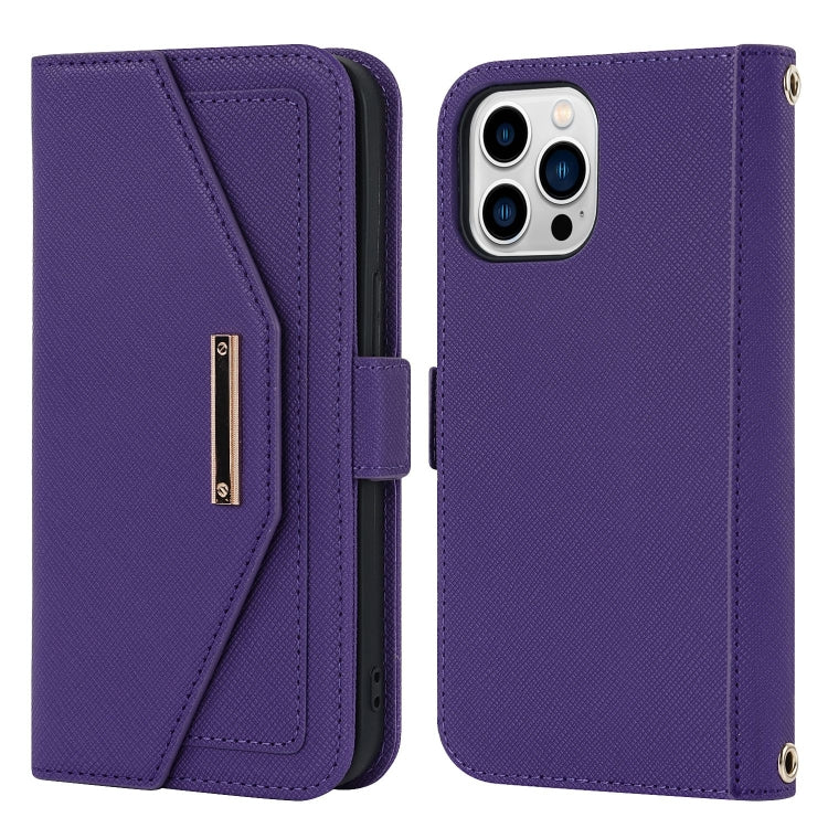 For iPhone 15 Pro Max Cross Texture Crossbody Lanyard Leather Phone Case(Purple) - iPhone 15 Pro Max Cases by buy2fix | Online Shopping UK | buy2fix