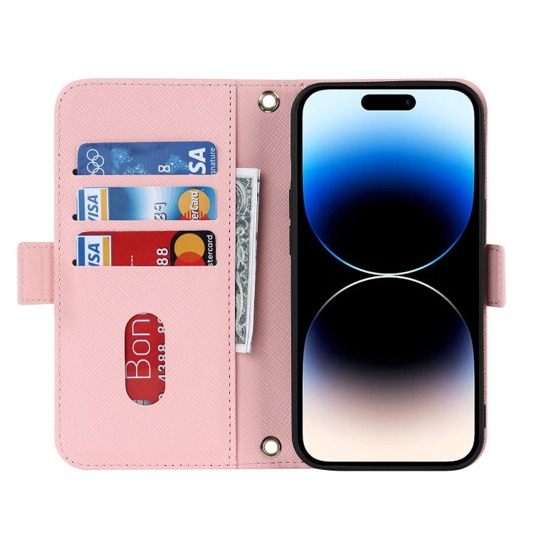 For iPhone 15 Pro Max Cross Texture Crossbody Lanyard Leather Phone Case(Pink) - iPhone 15 Pro Max Cases by buy2fix | Online Shopping UK | buy2fix