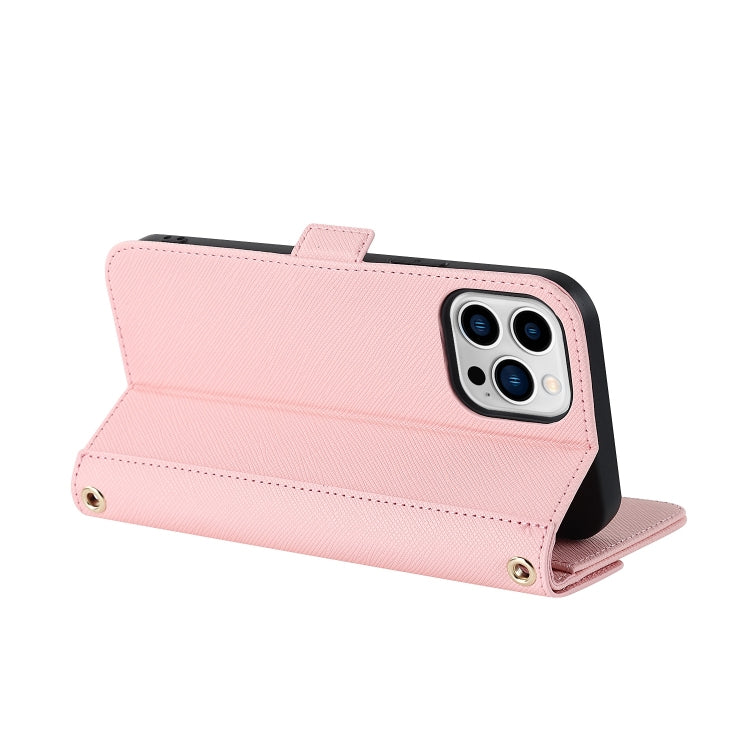 For iPhone 15 Pro Max Cross Texture Crossbody Lanyard Leather Phone Case(Pink) - iPhone 15 Pro Max Cases by buy2fix | Online Shopping UK | buy2fix
