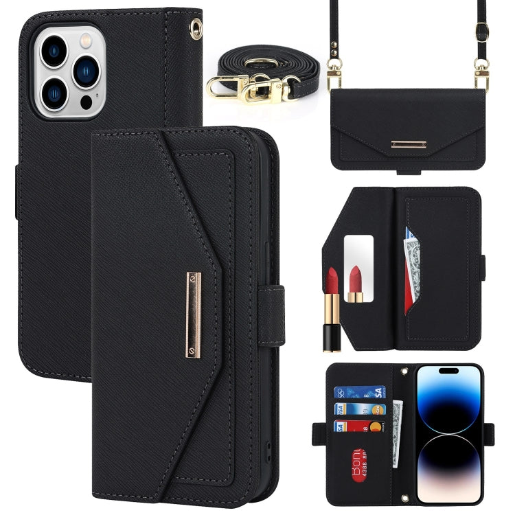 For iPhone 15 Pro Cross Texture Crossbody Lanyard Leather Phone Case(Black) - iPhone 15 Pro Cases by buy2fix | Online Shopping UK | buy2fix