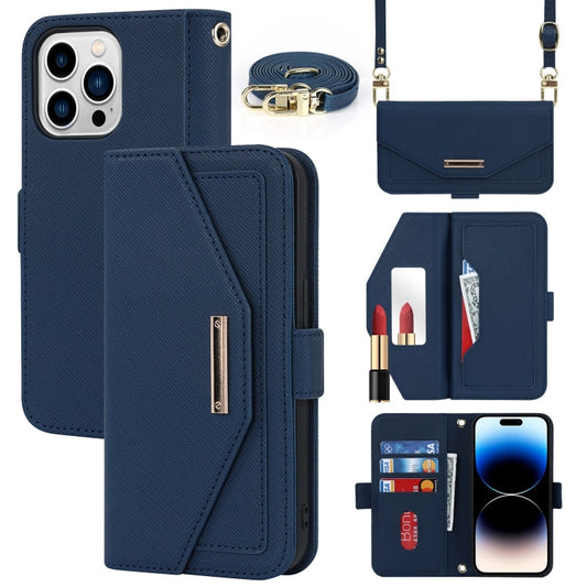 For iPhone 15 Pro Cross Texture Crossbody Lanyard Leather Phone Case(Blue) - iPhone 15 Pro Cases by buy2fix | Online Shopping UK | buy2fix