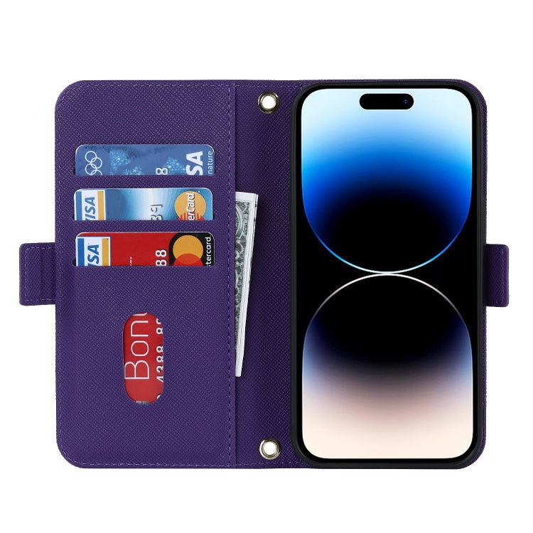 For iPhone 15 Pro Cross Texture Crossbody Lanyard Leather Phone Case(Purple) - iPhone 15 Pro Cases by buy2fix | Online Shopping UK | buy2fix