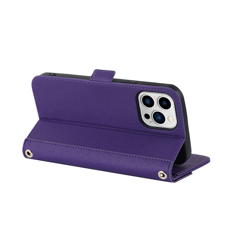 For iPhone 15 Pro Cross Texture Crossbody Lanyard Leather Phone Case(Purple) - iPhone 15 Pro Cases by buy2fix | Online Shopping UK | buy2fix