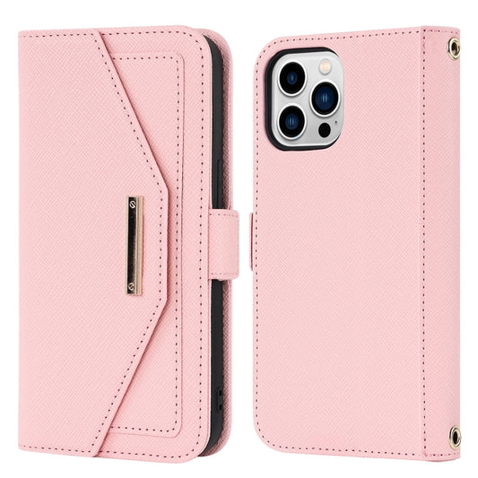 For iPhone 15 Pro Cross Texture Crossbody Lanyard Leather Phone Case(Pink) - iPhone 15 Pro Cases by buy2fix | Online Shopping UK | buy2fix