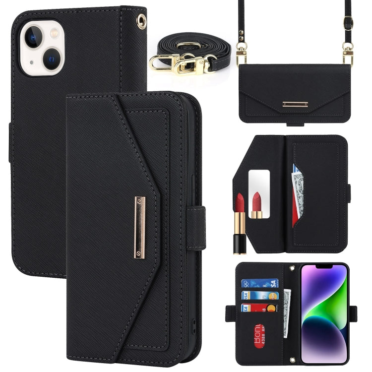 For iPhone 15 Plus Cross Texture Crossbody Lanyard Leather Phone Case(Black) - iPhone 15 Plus Cases by buy2fix | Online Shopping UK | buy2fix