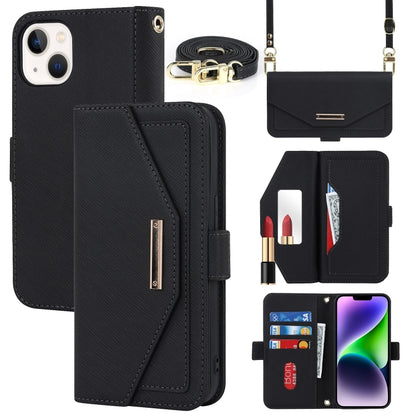For iPhone 15 Plus Cross Texture Crossbody Lanyard Leather Phone Case(Black) - iPhone 15 Plus Cases by buy2fix | Online Shopping UK | buy2fix