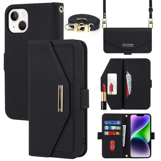 For iPhone 15 Plus Cross Texture Crossbody Lanyard Leather Phone Case(Black) - iPhone 15 Plus Cases by buy2fix | Online Shopping UK | buy2fix