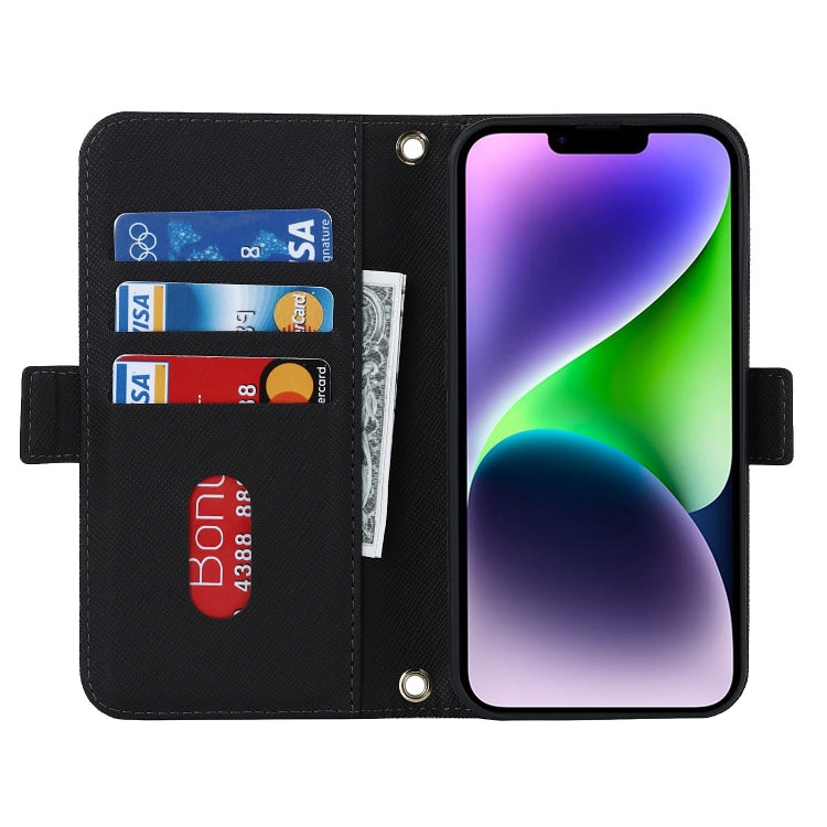 For iPhone 15 Plus Cross Texture Crossbody Lanyard Leather Phone Case(Black) - iPhone 15 Plus Cases by buy2fix | Online Shopping UK | buy2fix