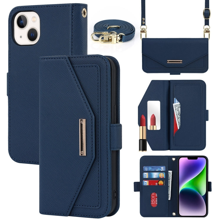 For iPhone 15 Plus Cross Texture Crossbody Lanyard Leather Phone Case(Blue) - iPhone 15 Plus Cases by buy2fix | Online Shopping UK | buy2fix